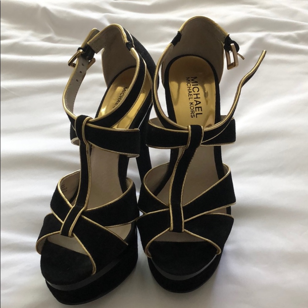 Michael Kors suede gold and black strappy heels